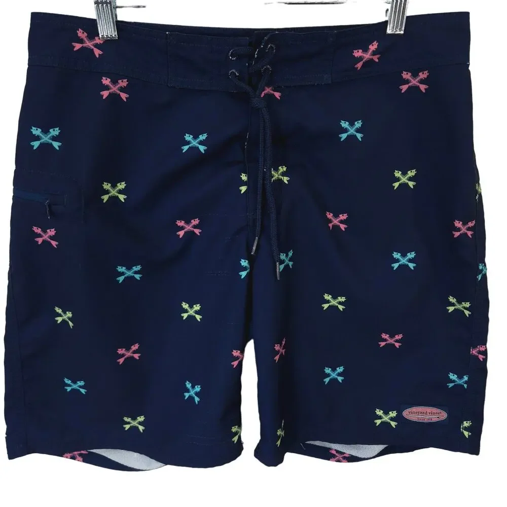 Vineyard Vines Swim Trunks Mens 32 Navy Blue Crossed Fishbones Drawstring